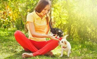 femme en jouant avec sa pouvez et chien en plein air photo