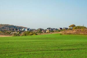 moderne chalet village dans une vert champ. le village dans le vert creux. photo