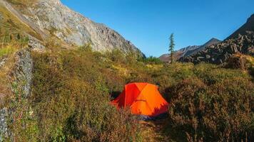 solitaire tente dans le Montagne forêt. Orange camping tente sur le rive dans le lumière du soleil. tourisme concept aventure voyage Extérieur. photo