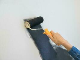 femme avec une rouleau des peintures le mur noir. Accueil réparation concept. copie espace. photo