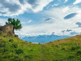 étroit chemin sur un été Montagne pente. sentier par vallée dans montagnes dans ensoleillé journée. randonnée chemin. spectaculaire vue de loin géant montagnes. photo