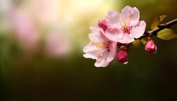 Sakura fleurs ou Cerise fleurs dans plein Floraison sur une rose Contexte et toile de fond, copie espace pour texte, bien comme bannière et fond d'écran, saison salutations, et autre conception matériel. génératif ai photo