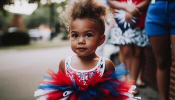 souriant enfant pièces dans bleu robe en plein air généré par ai photo