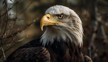 majestueux chauve Aigle se percher sur branche en plein air généré par ai photo