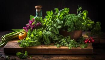 biologique herbe paquet apporte fraîcheur à cuisine table généré par ai photo