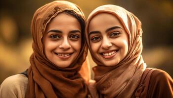 souriant Jeune femmes embrasse dans traditionnel hijabs en plein air généré par ai photo