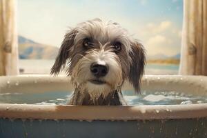 mignonne chien prise une une baignoire dans une baignoire à Accueil avec ai généré. photo