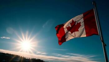 canadien drapeau agitant dans le brillant lumière du soleil généré par ai photo