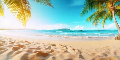magnifique tropical plage avec noix de coco paume arbre et le sable sur bleu ciel Contexte avec ai généré. photo