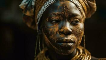 africain femme élégance brille dans traditionnel Vêtements et or bijoux généré par ai photo