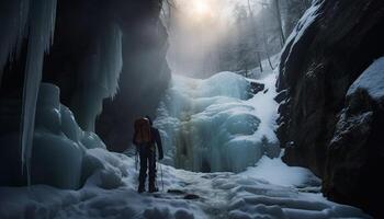 solo promeneur conquiert congelé Montagne de pointe seul généré par ai photo