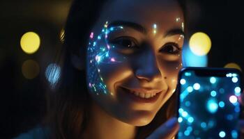 souriant Jeune adulte en portant embrasé intelligent téléphone généré par ai photo