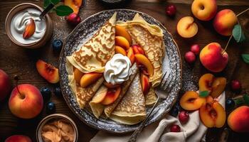 fraîchement cuit crêpes avec mixte baie sauce généré par ai photo