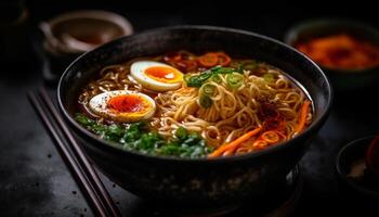 gourmet ramen nouilles dans une fumant bol généré par ai photo