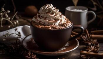 fouetté crème hauts chaud Chocolat sur bois généré par ai photo