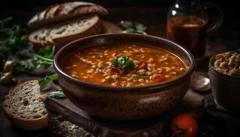 fraîchement cuit soupe, pain, et des légumes repas généré par ai photo
