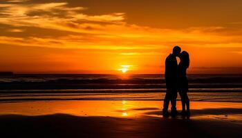 affectueux couple embrasse pendant tranquille le coucher du soleil plage vacances généré par ai photo