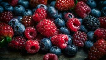 une tas de frais, mûr baie fruit sur une en bois table généré par ai photo