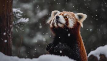 rouge Panda séance sur humide bifurquer, espiègle généré par ai photo