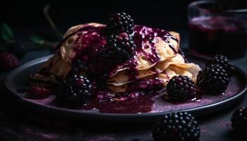 sucré baies et Chocolat sirop plus de Crêpes généré par ai photo