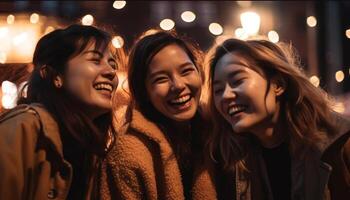 Jeune adultes embrasser, souriant en dessous de Noël lumières généré par ai photo