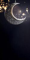 ai génératif 3d rendre de exquis croissant lune pendre sur éclairage bokeh Contexte. islamique religieux concept. photo