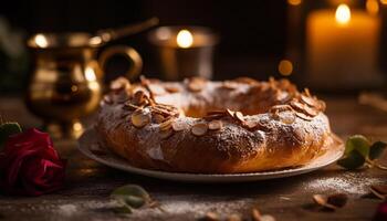 sucré dessert sur rustique bois table avec bougie généré par ai photo