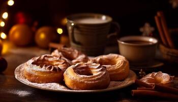 fraîchement cuit sucré tartes sur rustique bois table généré par ai photo