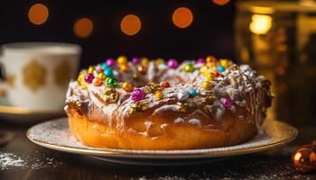 sucré Donut avec Chocolat glaçage sur assiette généré par ai photo