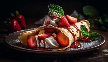 fait maison gourmet crêpe avec Frais baies et crème généré par ai photo