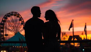 silhouette de couple embrassement dans le coucher du soleil bonheur généré par ai photo