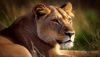 lionne dans savane regarde à photographe dans fierté ,génératif ai photo