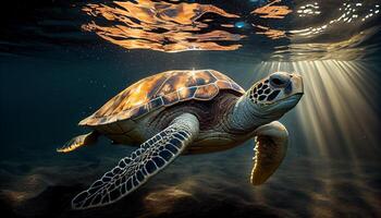 en danger mer tortue nager dans tranquille récif généré par ai photo