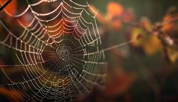 araignée la toile dans rosée, l'automne Matin beauté généré par ai photo