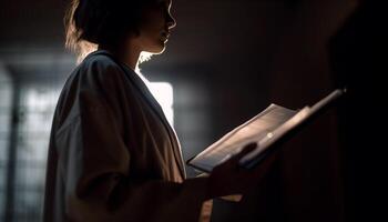 Jeune femme en train de lire le Bible par fenêtre lumière généré par ai photo