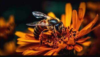 occupé abeille dans la nature polliniser Jaune fleur généré par ai photo