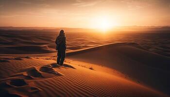 solitude dans aride climat homme en marchant le sable dune généré par ai photo