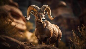 Grosse corne RAM pâturage sur Montagne Prairie le coucher du soleil paysage généré par ai photo