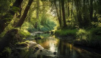 tranquille scène de l'automne forêt réfléchi dans étang généré par ai photo