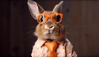 mignonne chiot et lapin célébrer en plein air avec des lunettes de soleil généré par ai photo