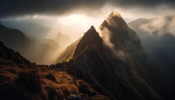 majestueux Montagne de pointe dans tranquille le coucher du soleil beauté généré par ai photo