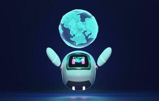 mignonne robot avec hologramme globe intelligent La technologie sur violet Contexte. . 3d rendu, 3d illustration photo