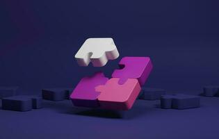 lien ensemble puzzle pièces sur une violet Contexte. 3d illustrations, 3d le rendu photo