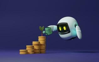 mignonne robot en portant une arrosage pouvez à l'eau croissance mis en pot plante avec pile de pièces de monnaie sur violet Contexte. . 3d rendu, 3d illustration photo