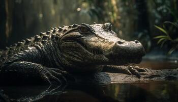 grand crocodile repose dans sombre marais des eaux généré par ai photo