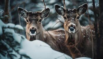 glacial biche regards à caméra dans neige généré par ai photo