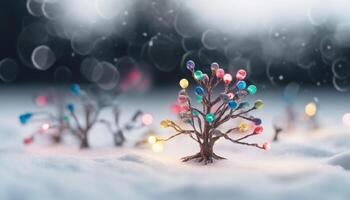 Noël lumières orner neige couvert arbre, illuminé hiver pays des merveilles généré par ai photo