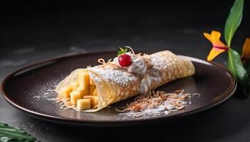 fraîchement cuit crêpe empiler avec baie sauce généré par ai photo