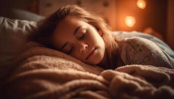 magnifique Jeune femmes en train de dormir pacifiquement sur confortable literie génératif ai photo