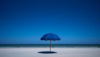 bleu parapluie nuances seul amateur de plage à le coucher du soleil généré par ai photo